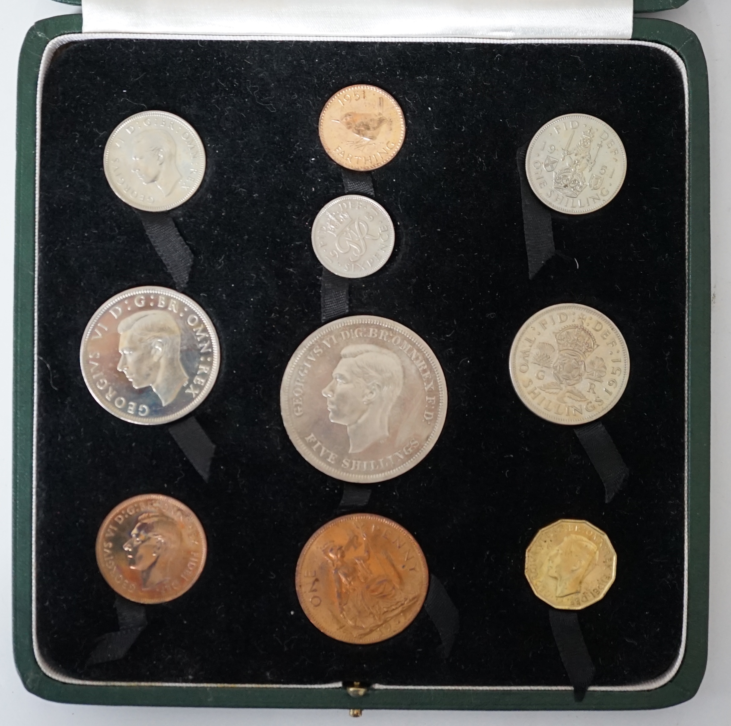 British proof coins, 1951 George VI Festival of Britain proof 10 coin set, crown to farthing, in deluxe case of issue, together with a Festival of Britain program and various promotional photographs